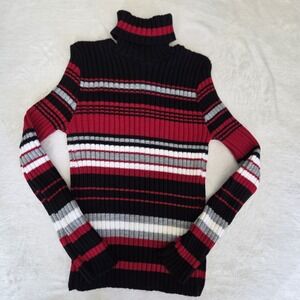 Rave Vintage 90s Y2k Striped Roll Neck Ribbed Knit Chunky Sweater XL Red  USA